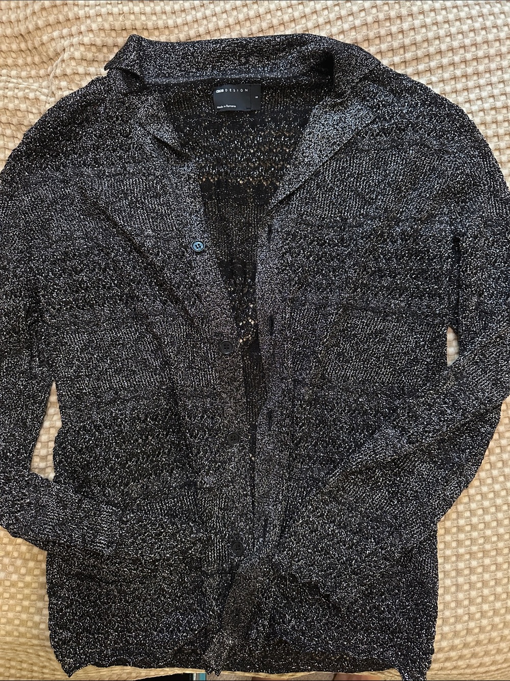 NWOT Black Metallic Knit Cardigan - Open Weave mesh Button Front